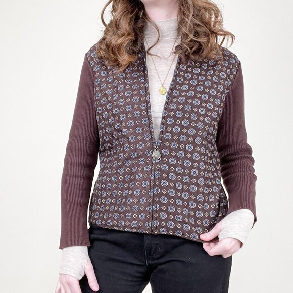 Vintage Quilted Floral Print Jacket Coat Knit Cardigan Sweater Preppy 90s Y2K - Picture 3 of 7